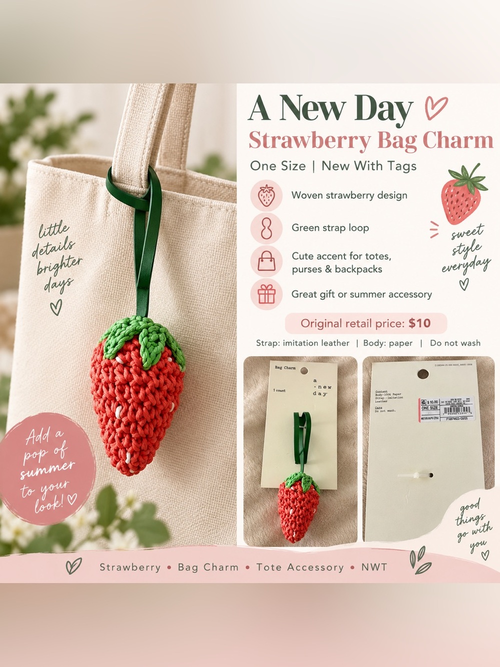 a new day Strawberry Bag Charm in Red with Green Strap New w/Tag